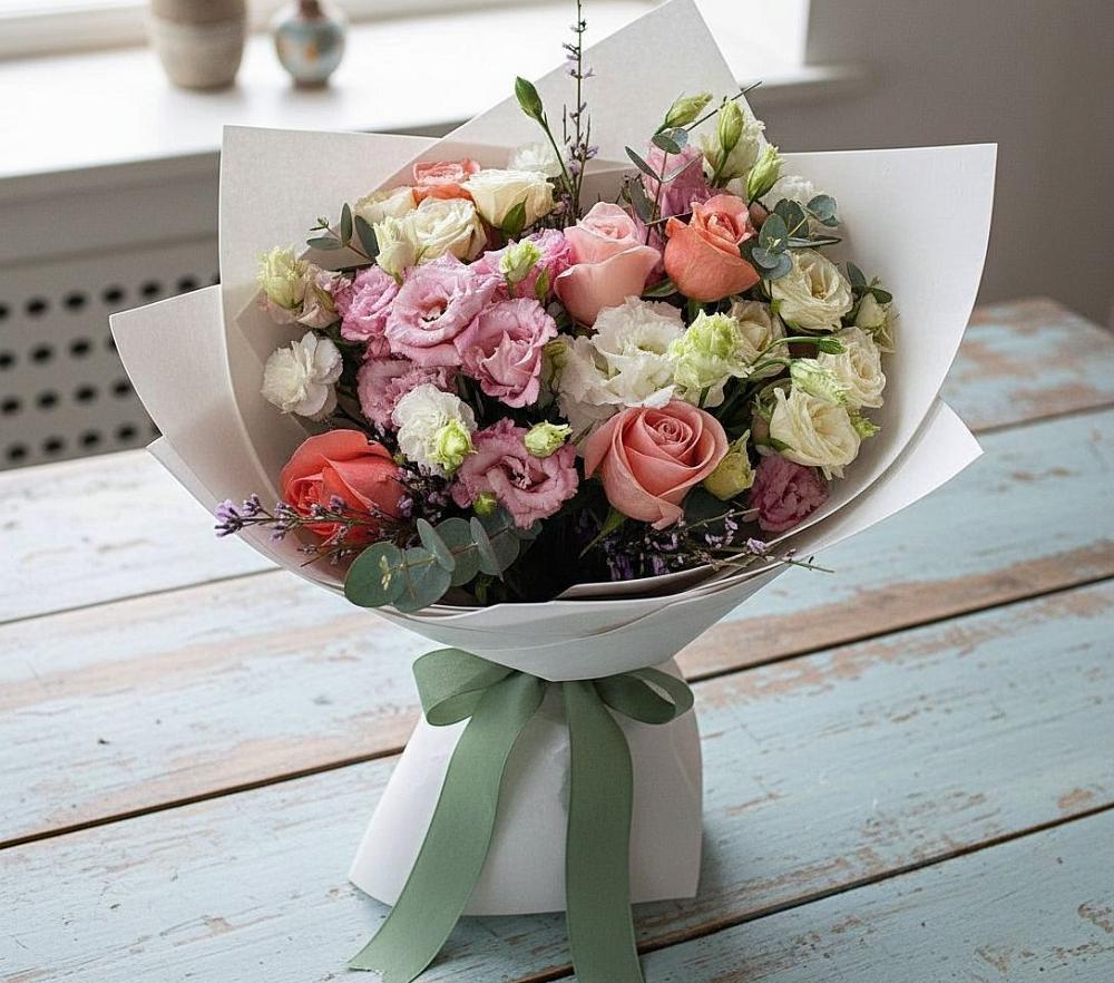 Букет цветов из: Розы, Лизиантусы и Гвоздики в Покровское Рузского района