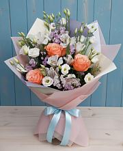 Букет цветов из:  Лизиантусы, Розы, Альстромерии и Гипсофила в Покровское Рузского района